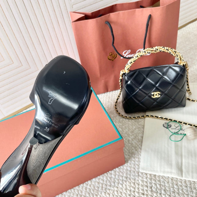 HIGH HEELS SANDALS 80 MM IN BLACK SATIN MIX SUEDE