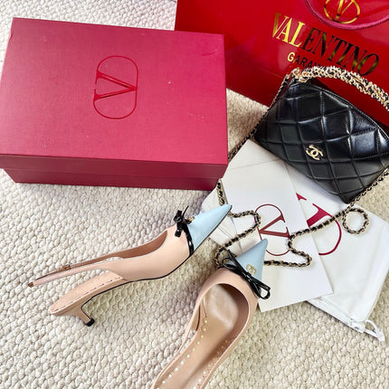 VLTN HIGH SLINGBACK 25S 40 MM IN SKY BLUE MIX NUDE LAMBSKIN WITH BOW