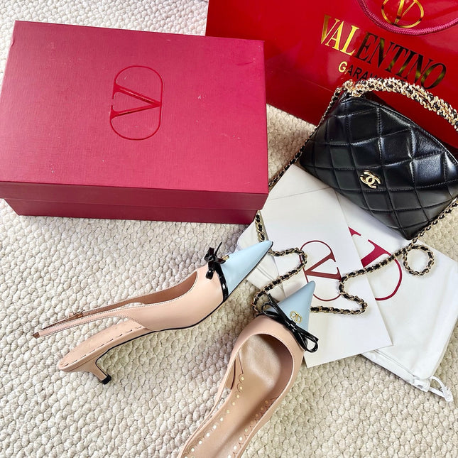 VLTN HIGH SLINGBACK 25S 40 MM IN SKY BLUE MIX NUDE LAMBSKIN WITH BOW