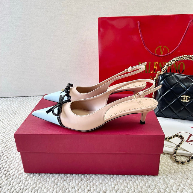 VLTN HIGH SLINGBACK 25S 40 MM IN SKY BLUE MIX NUDE LAMBSKIN WITH BOW