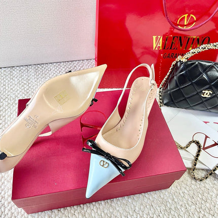 VLTN HIGH SLINGBACK 25S 40 MM IN SKY BLUE MIX NUDE LAMBSKIN WITH BOW