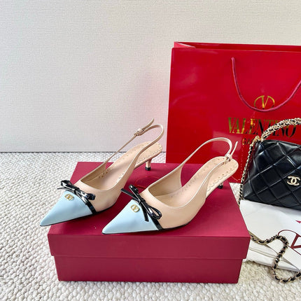 VLTN HIGH SLINGBACK 25S 40 MM IN SKY BLUE MIX NUDE LAMBSKIN WITH BOW
