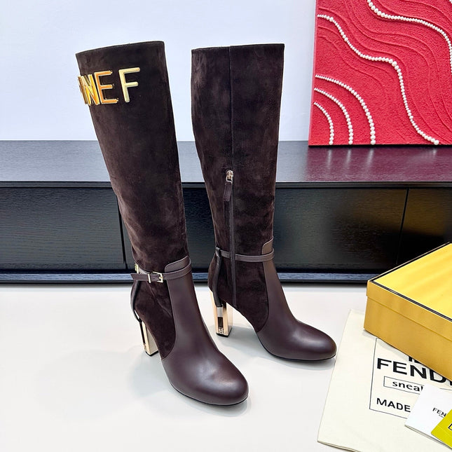 FENDI 25S HIGH-CUT METALLIC HEEL BOOTS 100 MM IN DARK BROWN SUEDE AND CALFSKIN STYLE 1