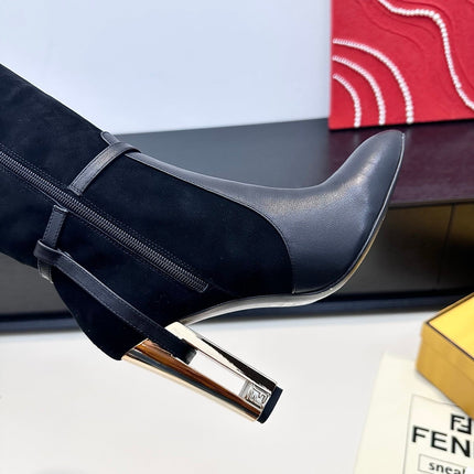 FENDI 25S HIGH-CUT METALLIC HEEL BOOTS 100 MM IN BLACK SUEDE AND CALFSKIN