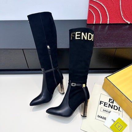 FENDI 25S HIGH-CUT METALLIC HEEL BOOTS 100 MM IN BLACK SUEDE AND CALFSKIN