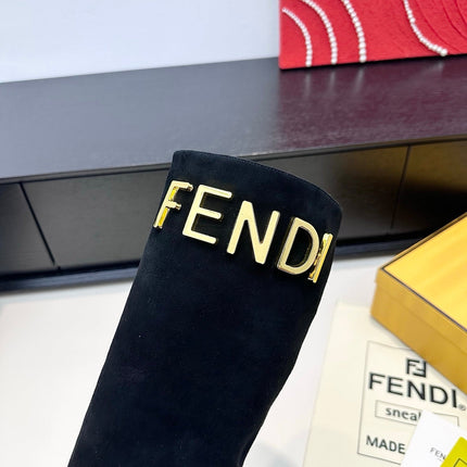FENDI 25S HIGH-CUT METALLIC HEEL BOOTS 100 MM IN BLACK SUEDE AND CALFSKIN