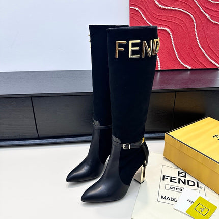 FENDI 25S HIGH-CUT METALLIC HEEL BOOTS 100 MM IN BLACK SUEDE AND CALFSKIN