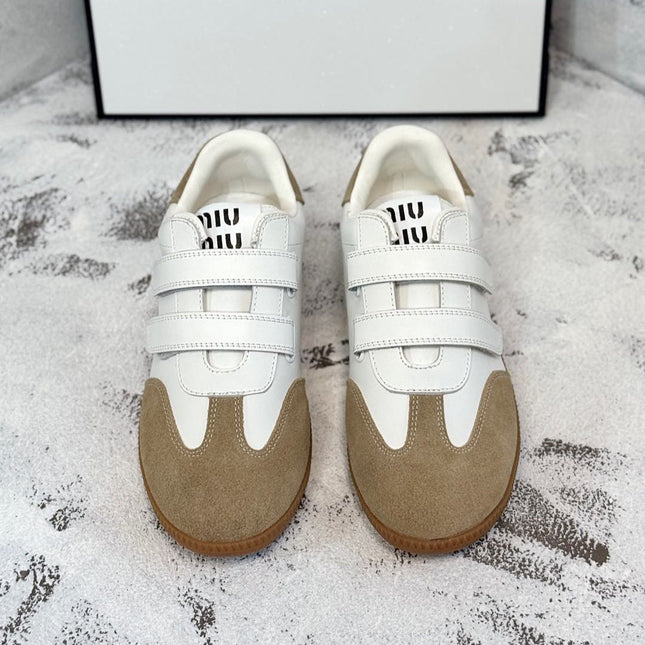 RETRO SNEAKERS WITH RIPTAPE STRAPS IN WHITE LAMBSKIN MIX PEANUT SUEDE