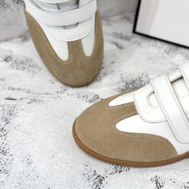RETRO SNEAKERS WITH RIPTAPE STRAPS IN WHITE LAMBSKIN MIX PEANUT SUEDE