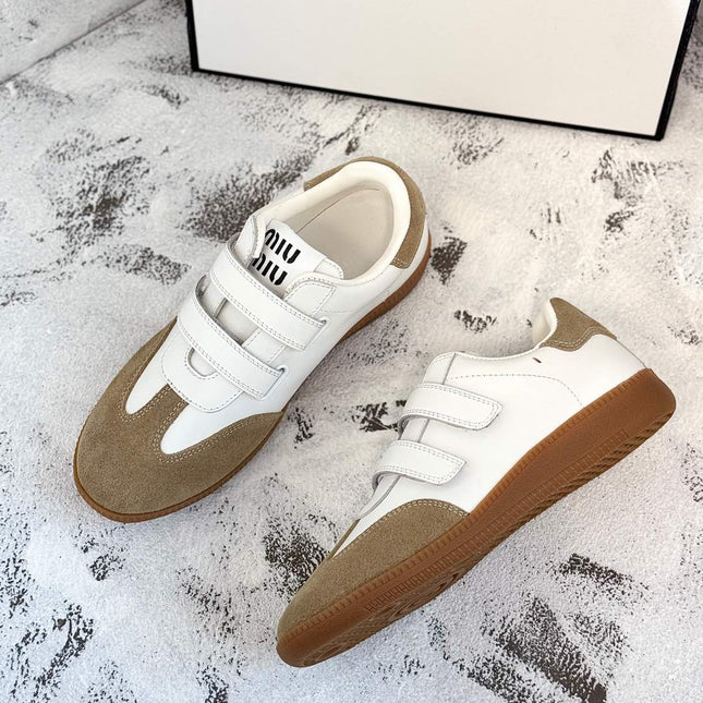 RETRO SNEAKERS WITH RIPTAPE STRAPS IN WHITE LAMBSKIN MIX PEANUT SUEDE