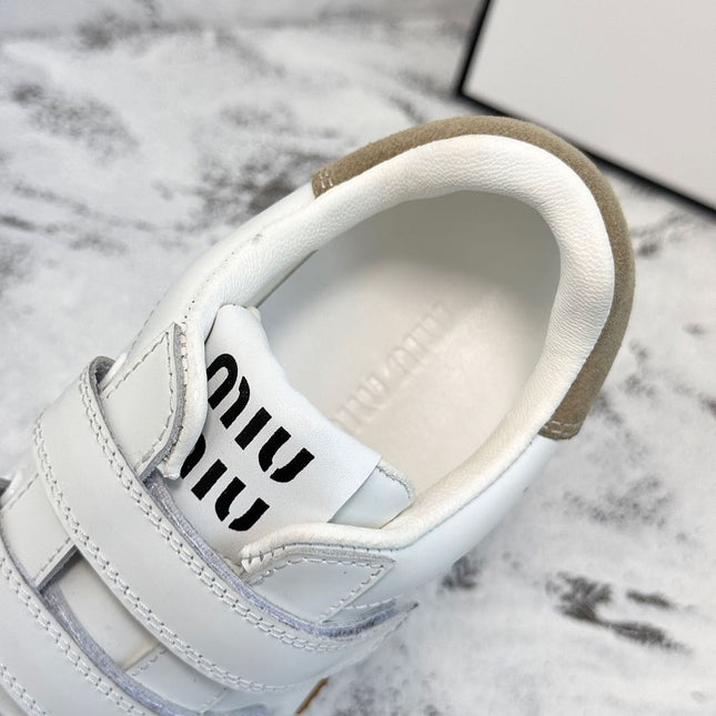 RETRO SNEAKERS WITH RIPTAPE STRAPS IN WHITE LAMBSKIN MIX PEANUT SUEDE