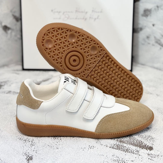 RETRO SNEAKERS WITH RIPTAPE STRAPS IN WHITE LAMBSKIN MIX PEANUT SUEDE