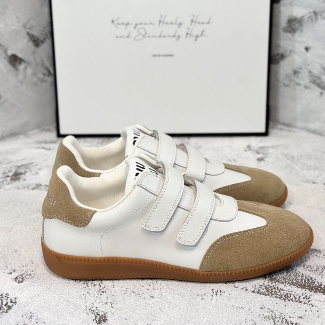 RETRO SNEAKERS WITH RIPTAPE STRAPS IN WHITE LAMBSKIN MIX PEANUT SUEDE