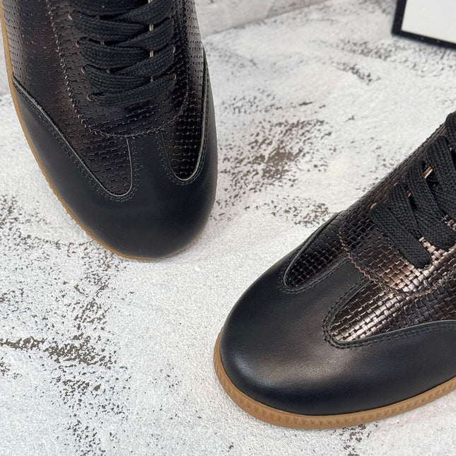 RETRO SNEAKERS IN BLACK LAMBSKIN WITH KNITTED PATTERN