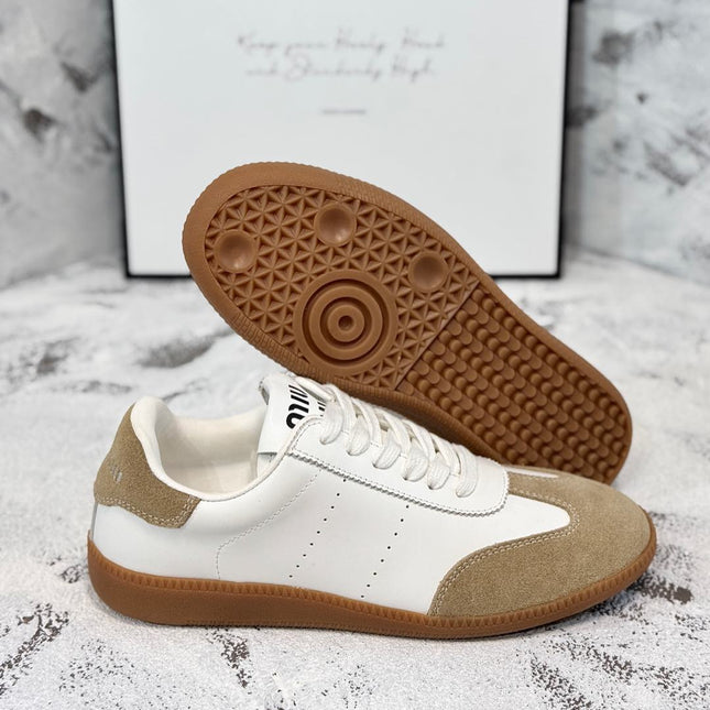 RETRO SNEAKERS IN WHITE LAMBSKIN MIX PEANUT SUEDE