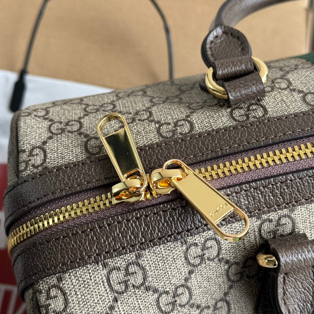 OPHIDIA LARGE BOSTON BAG 31 IN BEIGE EBONY GG BROWN CALFSKIN TRIM