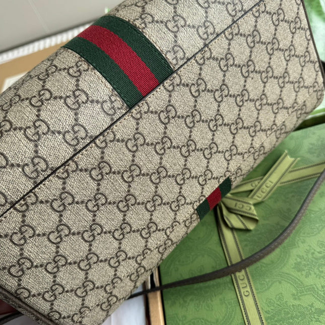 OPHIDIA LARGE BOSTON BAG 31 IN BEIGE EBONY GG BROWN CALFSKIN TRIM