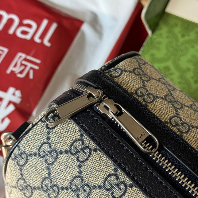 OPHIDIA LARGE BOSTON BAG 31 IN BEIGE AND BLUE GG CALFSKIN