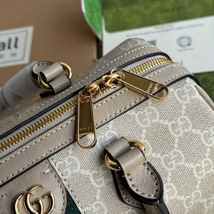 OPHIDIA SMALL TOP HANDLE BAG 26 IN BEIGE WHITE CANVAS AND OAT CALFSKIN TRIM GOLD HARDWARE