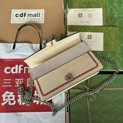 DYONYSUS SMALL SHOULDER BAG 25 IN BEIGE MIX RED CALFSKIN DRAGON LOGO PRINT