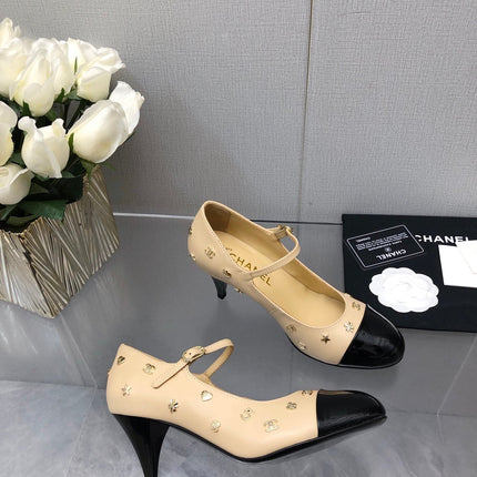 MARY JANE BEIGE CREAM MIX BLACK LAMBSKIN ATTACH METAL