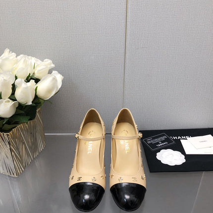 MARY JANE BEIGE CREAM MIX BLACK LAMBSKIN ATTACH METAL