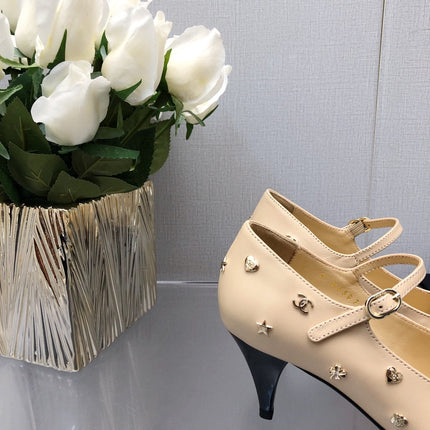 MARY JANE BEIGE CREAM MIX BLACK LAMBSKIN ATTACH METAL