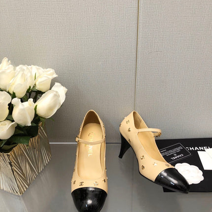 MARY JANE BEIGE CREAM MIX BLACK LAMBSKIN ATTACH METAL