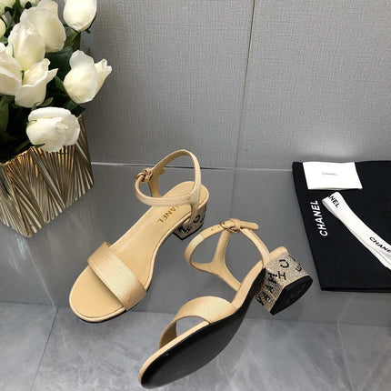 BLOCK HEEL WITH CRYSTAL 5 CM SANDAL IN SAND BROWN FABRIC