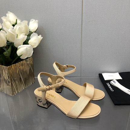 BLOCK HEEL WITH CRYSTAL 5 CM SANDAL IN SAND BROWN FABRIC