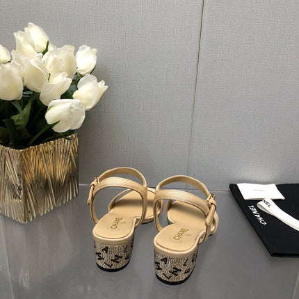 BLOCK HEEL WITH CRYSTAL 5 CM SANDAL IN SAND BROWN FABRIC