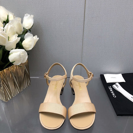 BLOCK HEEL WITH CRYSTAL 5 CM SANDAL IN SAND BROWN FABRIC