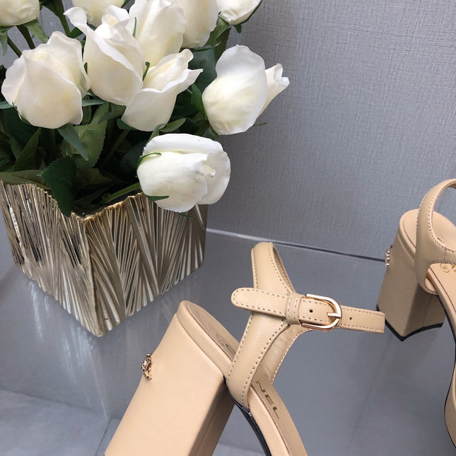 BLOCK HEEL 9 CM SANDAL IN SAND BROWN LAMBSKIN