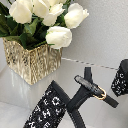 BLOCK HEEL WITH CRYSTAL 9 CM SANDAL IN BLACK FABRIC