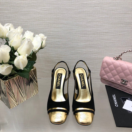 HIGH SLINGBACKS IN BLACK SUEDE AND GOLDEN LAMBSKIN