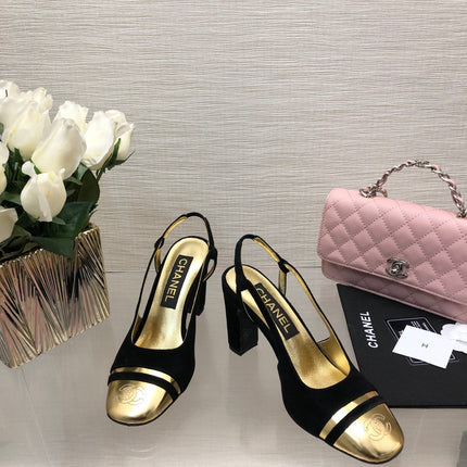 HIGH SLINGBACKS IN BLACK SUEDE AND GOLDEN LAMBSKIN