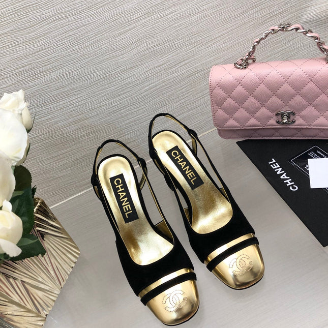 HIGH SLINGBACKS IN BLACK SUEDE AND GOLDEN LAMBSKIN