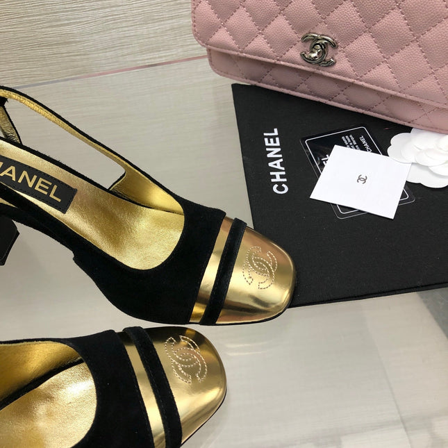 HIGH SLINGBACKS IN BLACK SUEDE AND GOLDEN LAMBSKIN