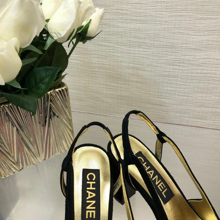 HIGH SLINGBACKS IN BLACK SUEDE AND GOLDEN LAMBSKIN