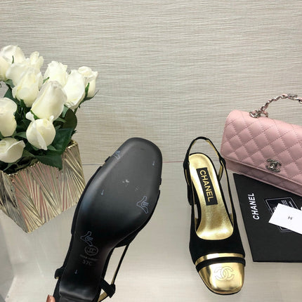 HIGH SLINGBACKS IN BLACK SUEDE AND GOLDEN LAMBSKIN