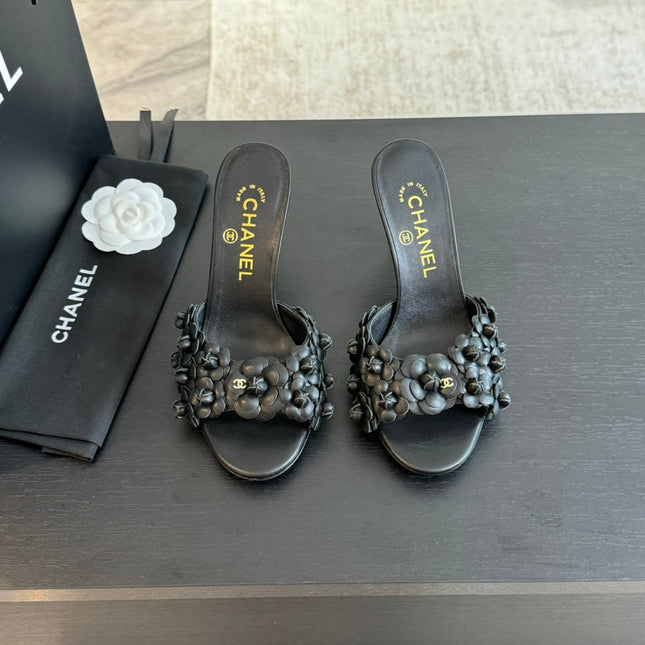 CC Little Camellia World Thin High Heels Black Lambskin