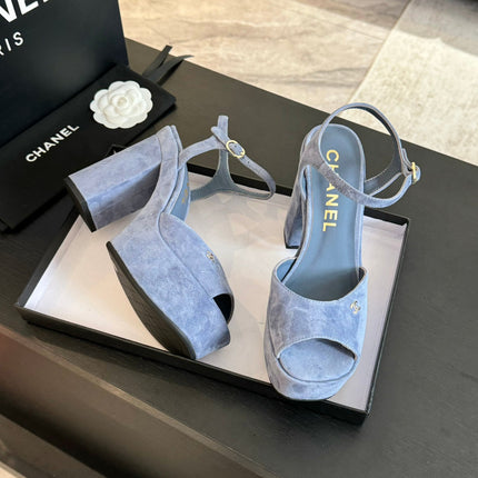 HIGH HEEL PLATFORM SANDALS IN PIGEON BLUE SUEDE