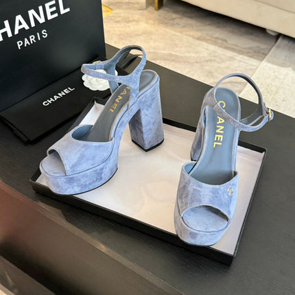 HIGH HEEL PLATFORM SANDALS IN PIGEON BLUE SUEDE