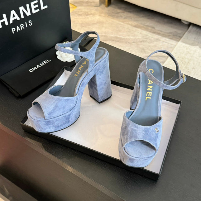 HIGH HEEL PLATFORM SANDALS IN PIGEON BLUE SUEDE