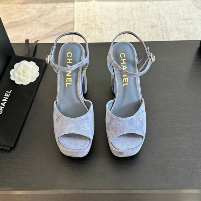 HIGH HEEL PLATFORM SANDALS IN PIGEON BLUE SUEDE