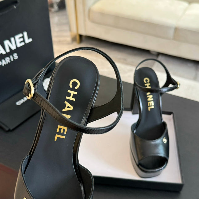 HIGH HEEL PLATFORM SANDALS IN BLACK CALFSKIN
