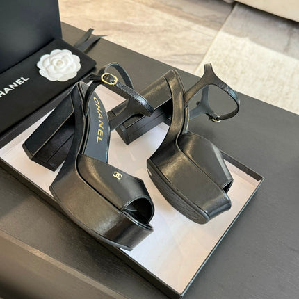 HIGH HEEL PLATFORM SANDALS IN BLACK CALFSKIN