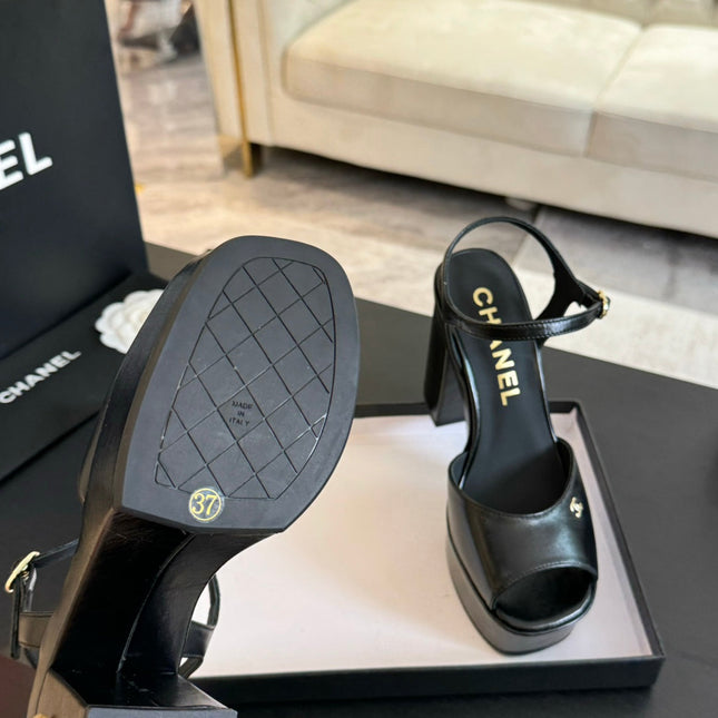 HIGH HEEL PLATFORM SANDALS IN BLACK CALFSKIN