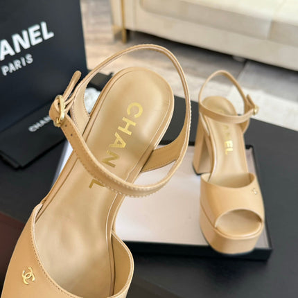 HIGH HEEL PLATFORM SANDALS IN SAND YELLOW CALFSKIN