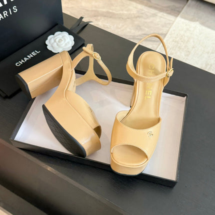 HIGH HEEL PLATFORM SANDALS IN SAND YELLOW CALFSKIN